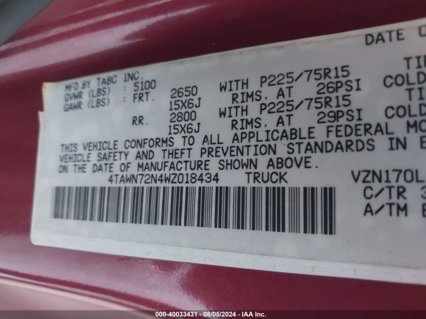 1998 Toyota Tacoma Base V6 VIN: 4TAWN72N4WZ018434 Lot: 40033431