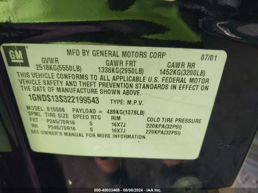2002 Chevrolet Trailblazer Ls VIN: 1GNDS13S322199543 Lot: 40033469