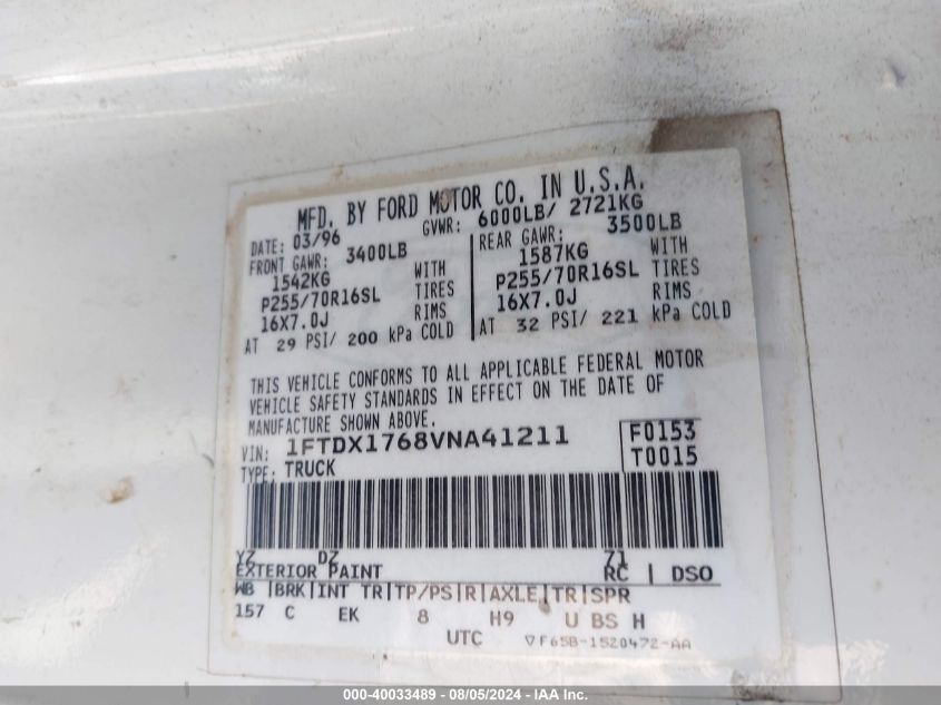 1997 Ford F-150 Lariat/Standard/Xl/Xlt VIN: 1FTDX1768VNA41211 Lot: 40033489
