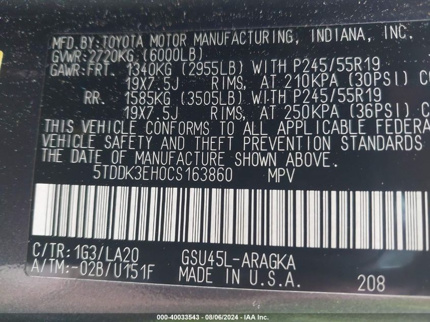 2012 Toyota Highlander Limited V6 VIN: 5TDDK3EH0CS163860 Lot: 40033543