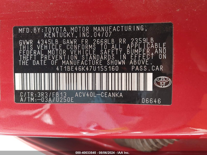2007 Toyota Camry Ce/Le/Xle/Se VIN: 4TIBE46K47UI55160 Lot: 40033545