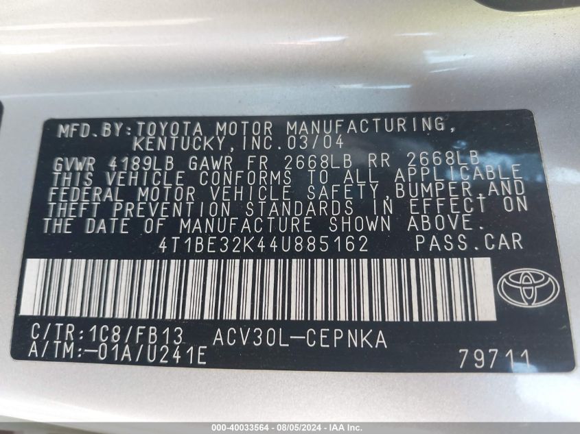 2004 Toyota Camry Le VIN: 4T1BE32K44U885162 Lot: 40033564