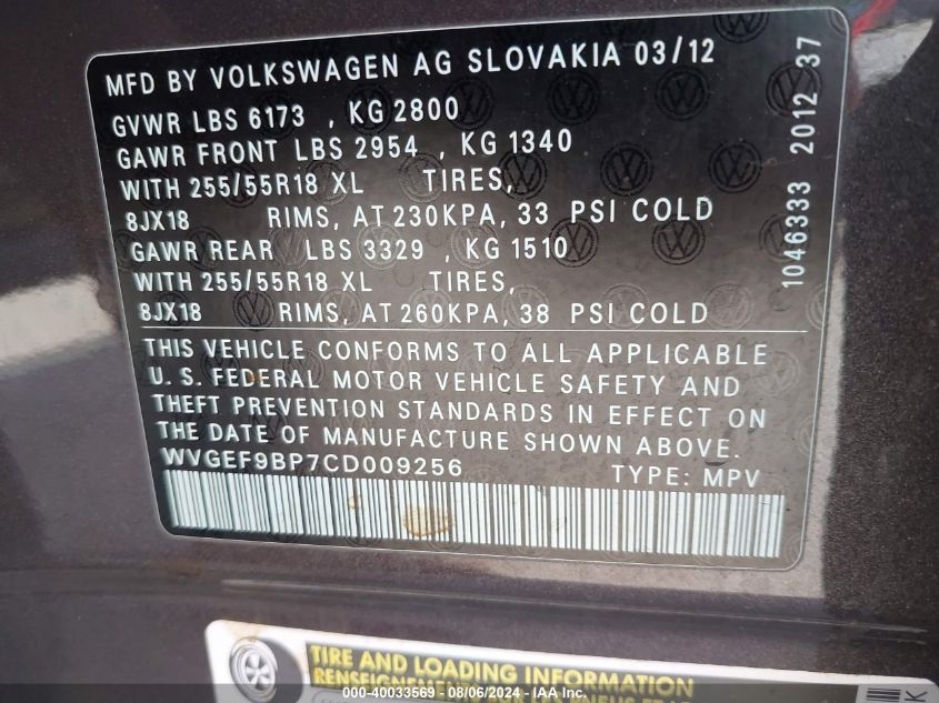 WVGEF9BP7CD009256 2012 Volkswagen Touareg Vr6 Sport