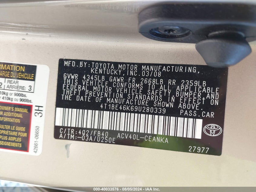 2009 Toyota Camry Le VIN: 4T1BE46K69U280339 Lot: 40033576