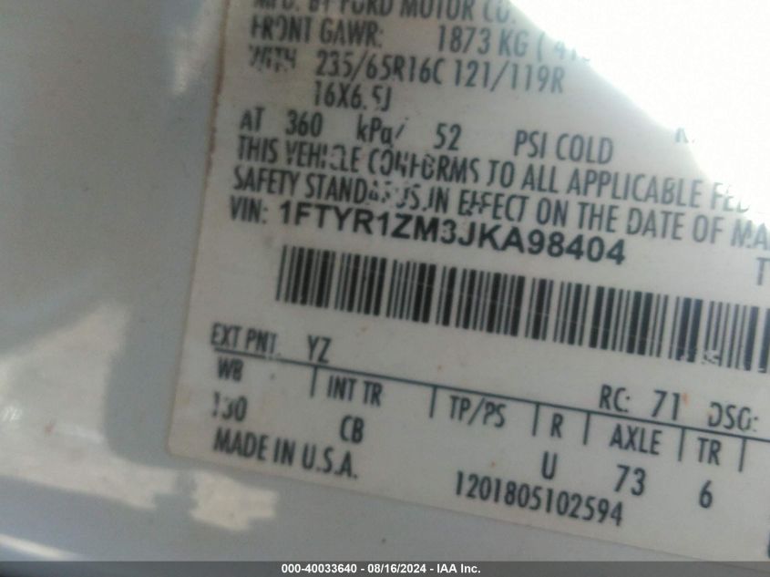 2018 Ford Transit-250 VIN: 1FTYR1ZM3JKA98404 Lot: 40033640