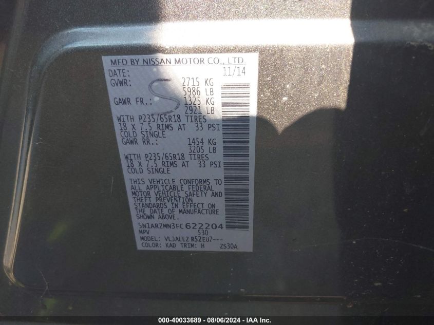 2015 Nissan Pathfinder Sv VIN: 5N1AR2MN3FC622204 Lot: 40033689