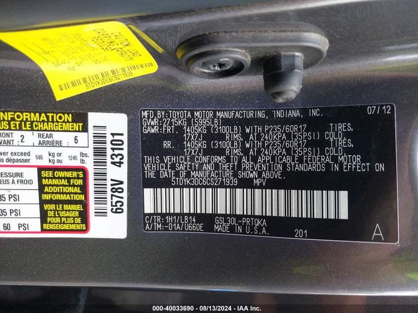 2012 Toyota Sienna Xle V6 8 Passenger VIN: 5TDYK3DC6CS271939 Lot: 40033690