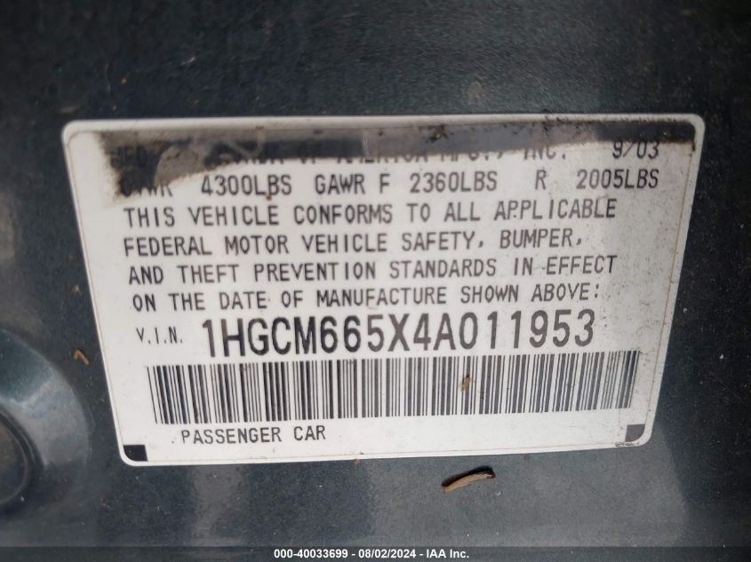 2004 Honda Accord 3.0 Ex VIN: 1HGCM665X4A011953 Lot: 40033699