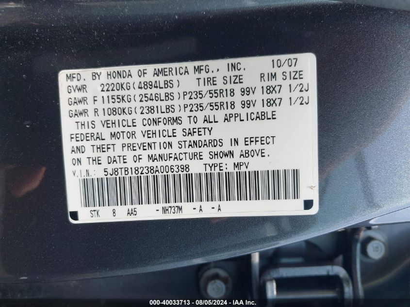 5J8TB18238A006398 2008 Acura Rdx