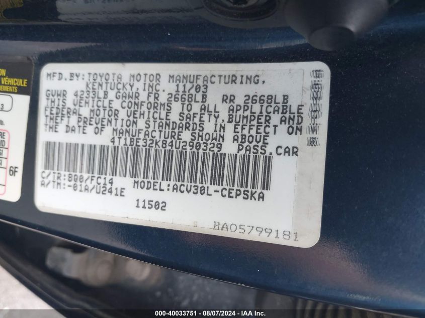 2004 Toyota Camry Se VIN: 4T1BE32K84U290329 Lot: 40033751