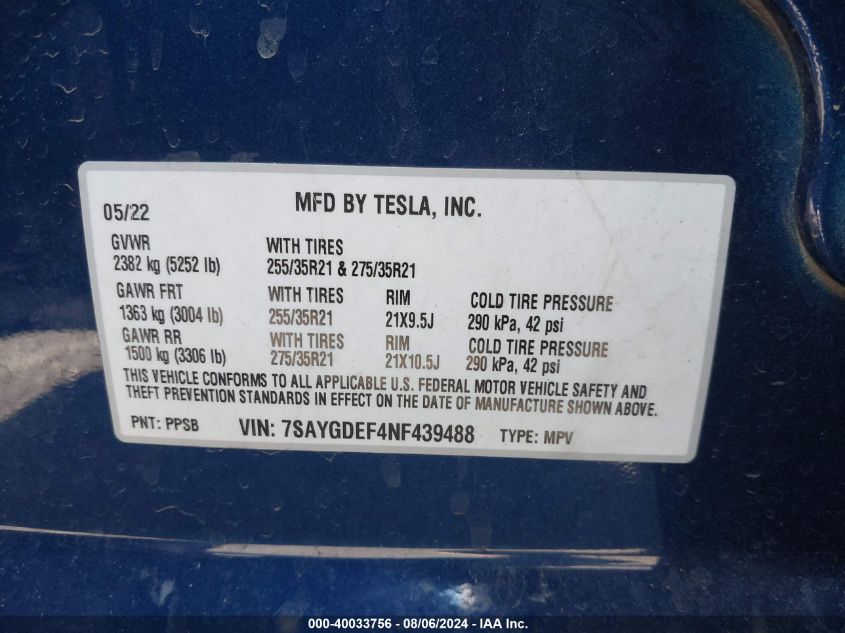 2022 Tesla Model Y Performance Dual Motor All-Wheel Drive VIN: 7SAYGDEF4NF439488 Lot: 40033756