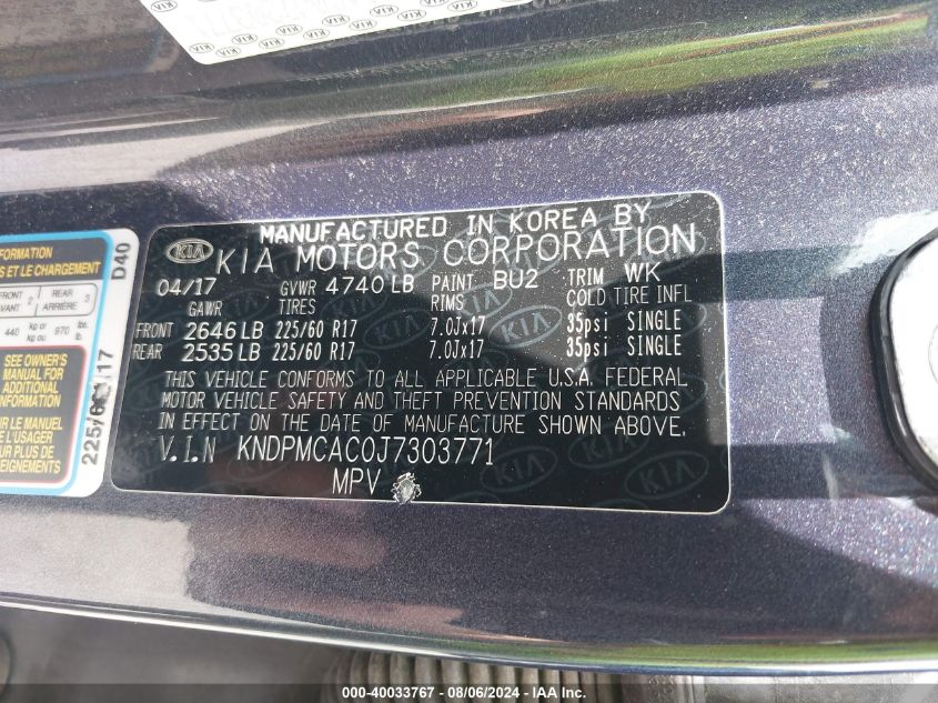 2018 Kia Sportage Lx VIN: KNDPMCAC0J7303771 Lot: 40033767