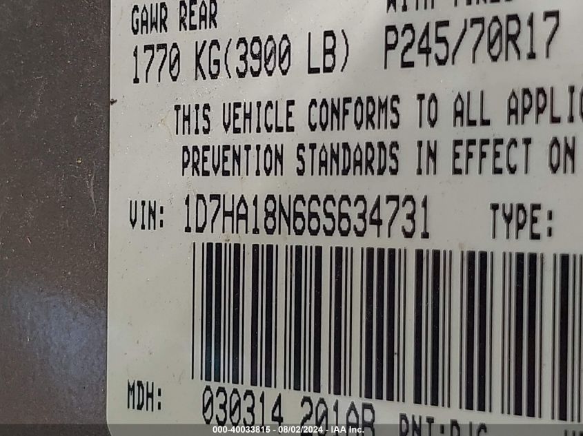 2006 Dodge Ram 1500 Slt VIN: 1D7HA18N66S634731 Lot: 40033815