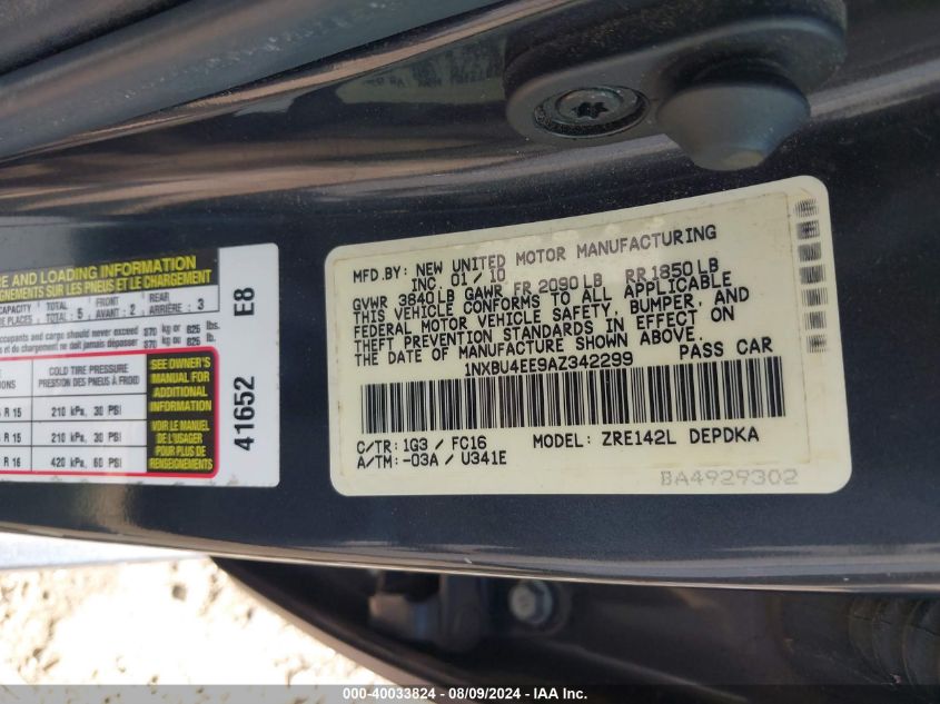 2010 Toyota Corolla Le VIN: 1NXBU4EE9AZ342299 Lot: 40033824