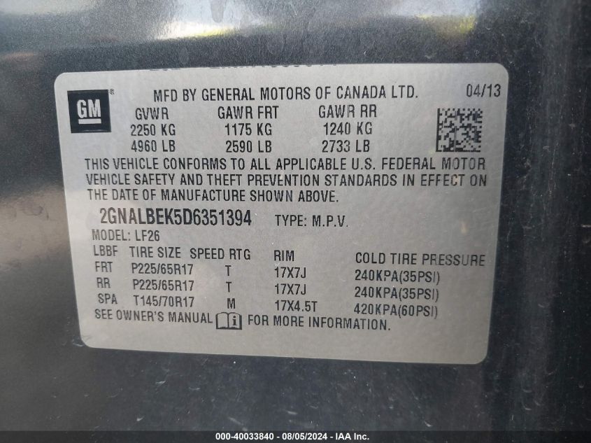 2013 Chevrolet Equinox Ls VIN: 2GNALBEK5D6351394 Lot: 40033840