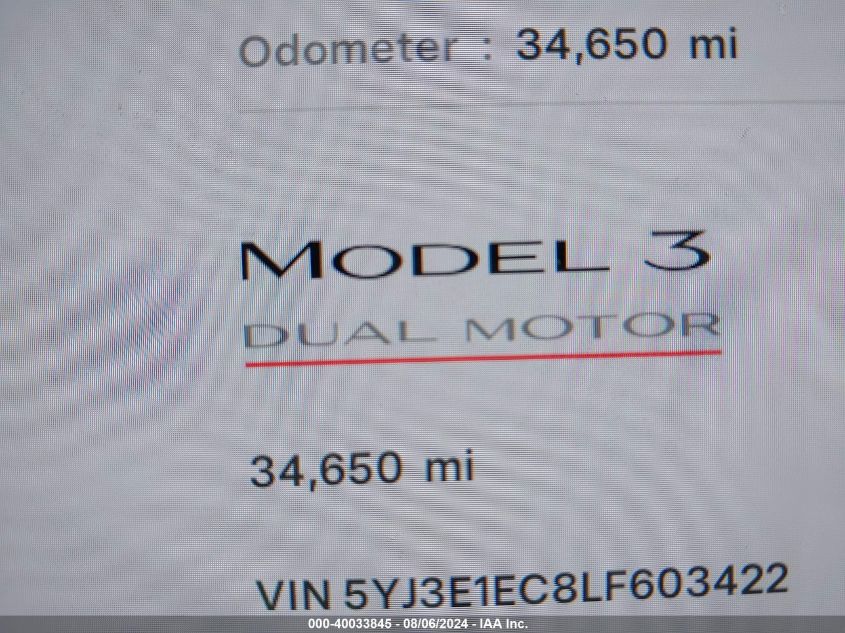 2020 Tesla Model 3 Performance Dual Motor All-Wheel Drive VIN: 5YJ3E1EC8LF603422 Lot: 40033845