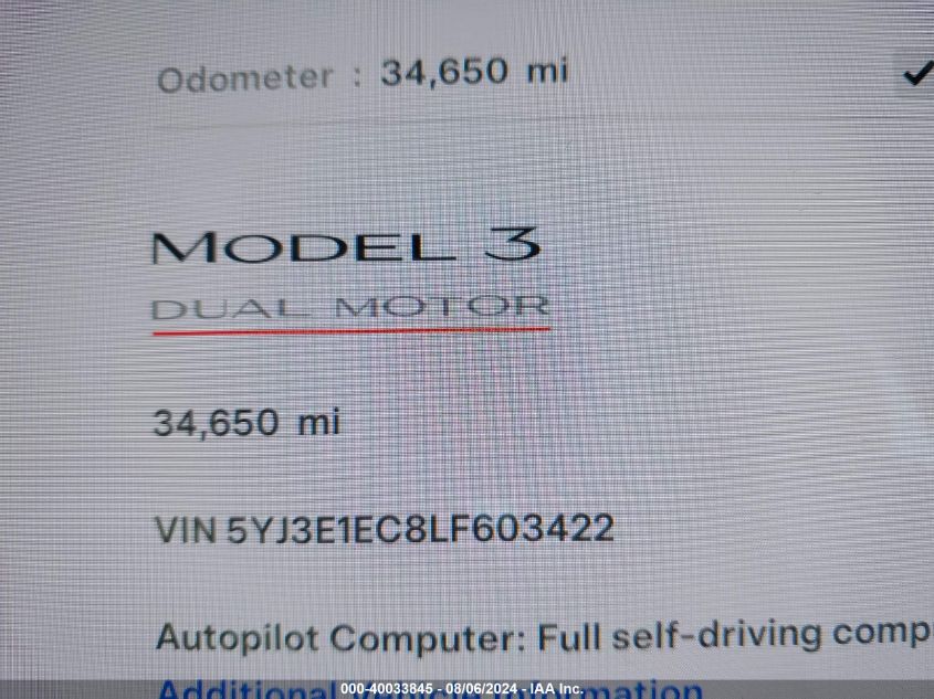 2020 Tesla Model 3 Performance Dual Motor All-Wheel Drive VIN: 5YJ3E1EC8LF603422 Lot: 40033845