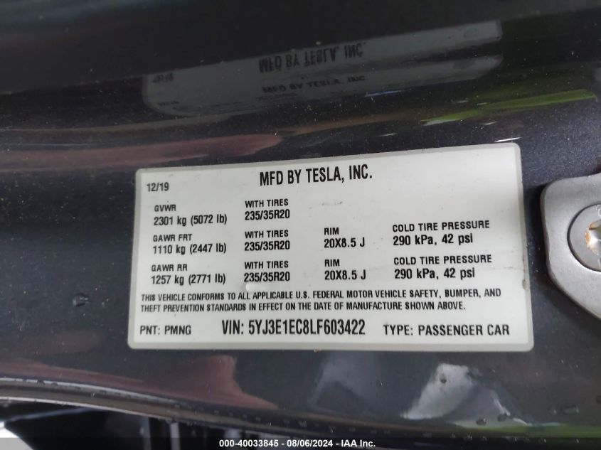 2020 Tesla Model 3 Performance Dual Motor All-Wheel Drive VIN: 5YJ3E1EC8LF603422 Lot: 40033845