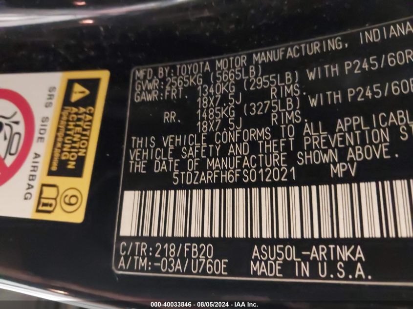 2015 Toyota Highlander Le VIN: 5TDZARFH6FS012021 Lot: 40033846