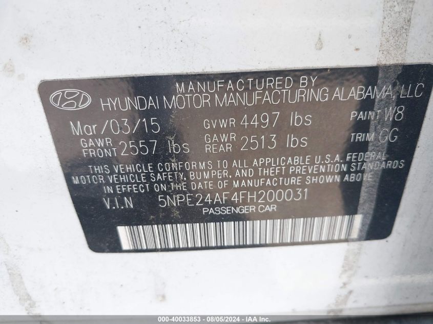 2015 Hyundai Sonata Se VIN: 5NPE24AF4FH200031 Lot: 40033853