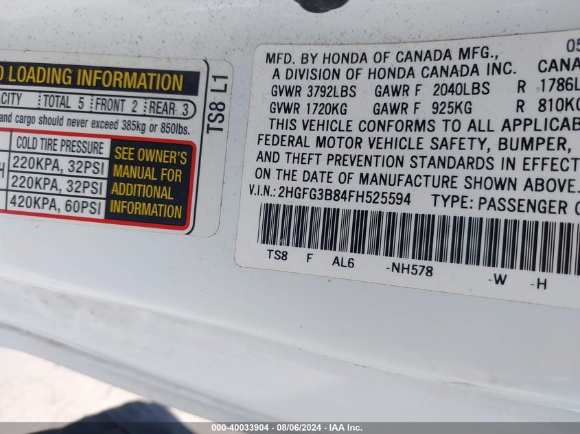 2015 HONDA CIVIC EX - 2HGFG3B84FH525594