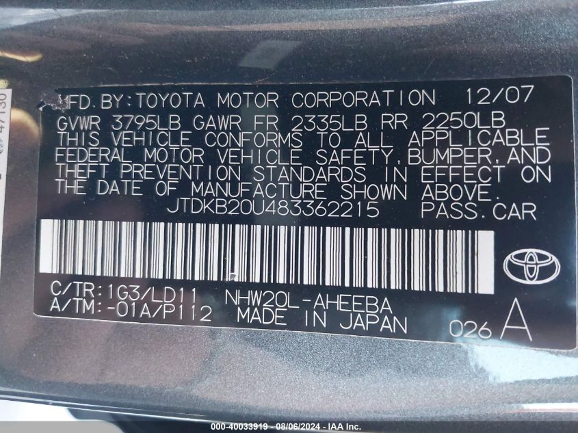 2008 Toyota Prius VIN: JTDKB20U483362215 Lot: 40033919