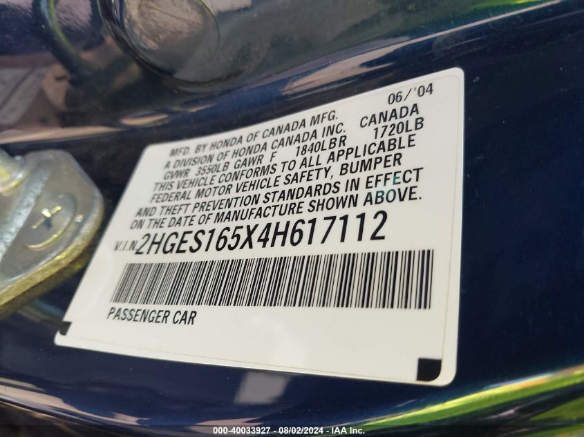2004 Honda Civic Lx VIN: 2HGES165X4H617112 Lot: 40033927