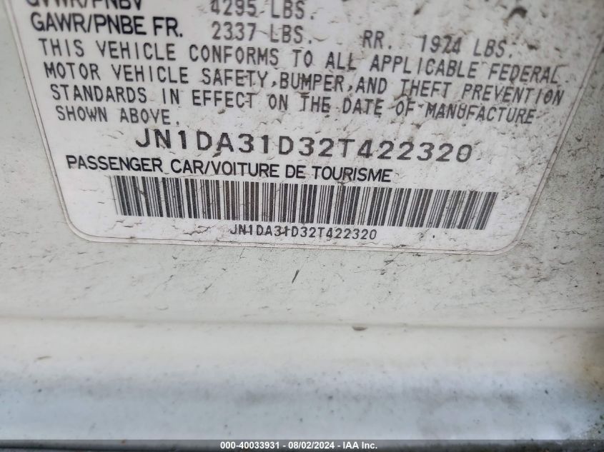 2002 Nissan Maxima Se VIN: JN1DA31D32T422320 Lot: 40033931