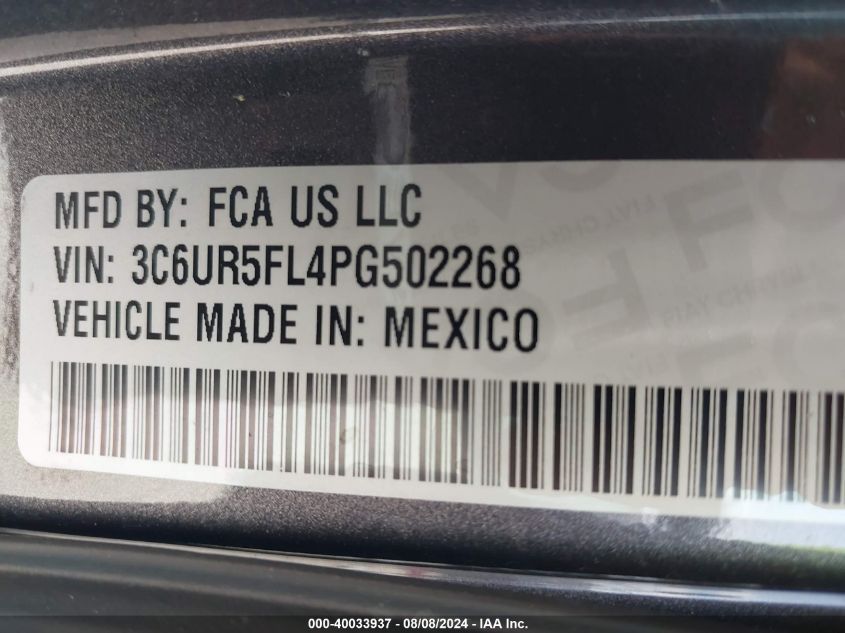 2023 Ram 2500 Laramie 4X4 6'4 Box VIN: 3C6UR5FL4PG502268 Lot: 40033937