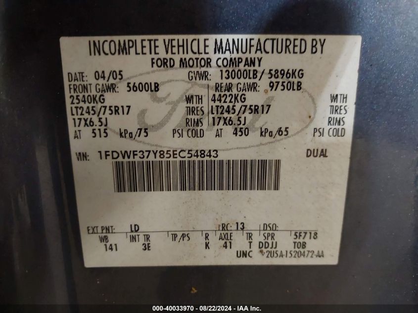 2005 Ford F-350 Xl/Xlt VIN: 1FDWF37Y85EC54843 Lot: 40033970