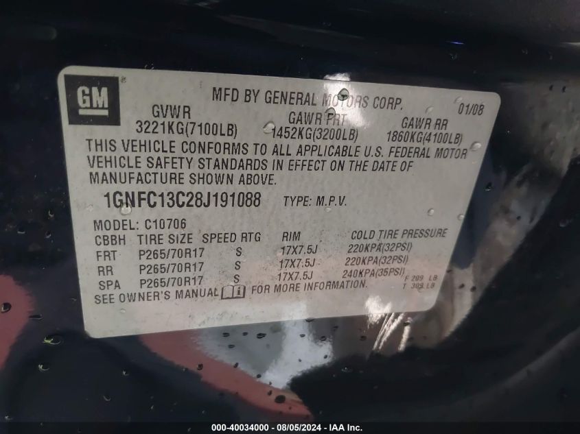 2008 Chevrolet Tahoe Ls VIN: 1GNFC13C28J191088 Lot: 40034000