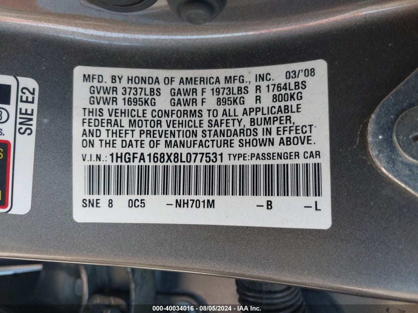 2008 Honda Civic Ex VIN: 1HGFA168X8L077531 Lot: 40034016