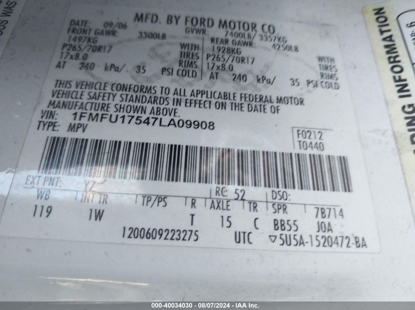 2007 Ford Expedition Eddie Bauer VIN: 1FMFU17547LA09908 Lot: 40034030