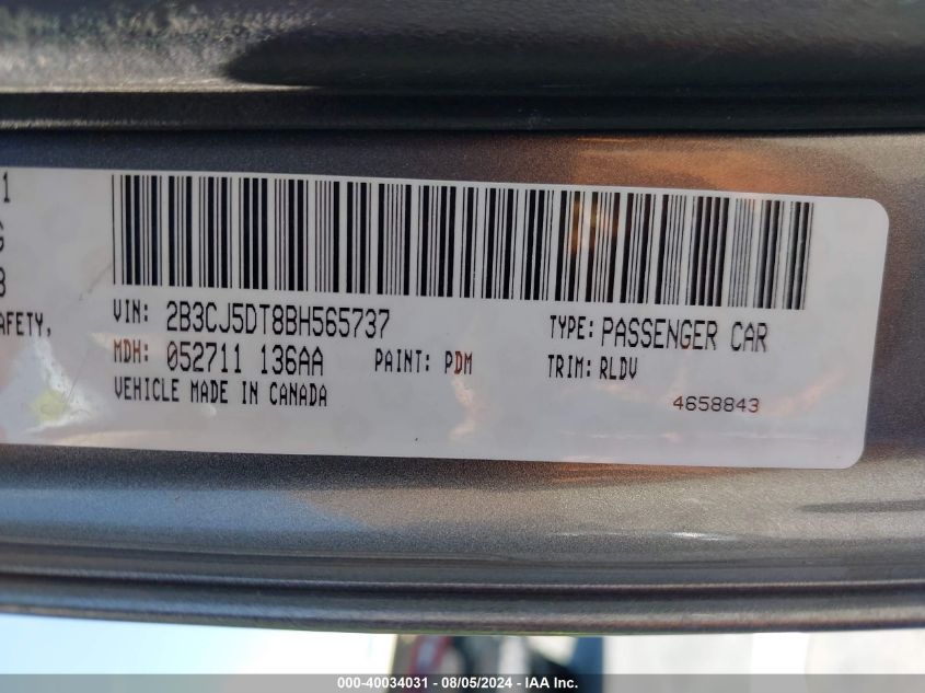 2011 Dodge Challenger R/T VIN: 2B3CJ5DT8BH565737 Lot: 40034031