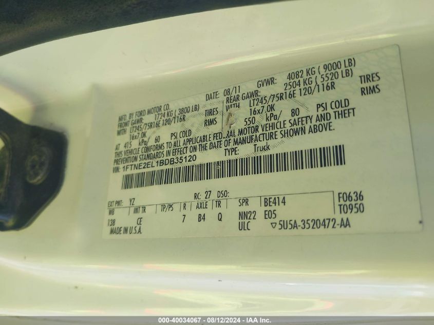 2011 Ford E-250 Commercial VIN: 1FTNE2EL1BDB35120 Lot: 40034067