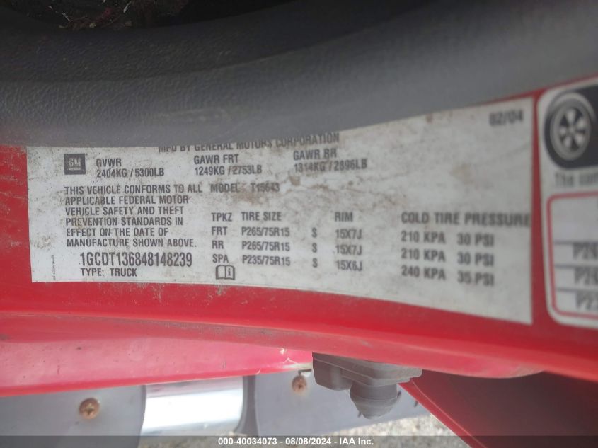 2004 Chevrolet Colorado Ls VIN: 1GCDT136848148239 Lot: 40034073