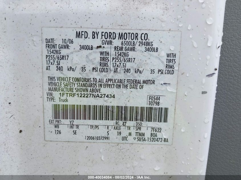 2007 Ford F-150 Stx/Xl/Xlt VIN: 1FTRF12227NA27434 Lot: 40034084