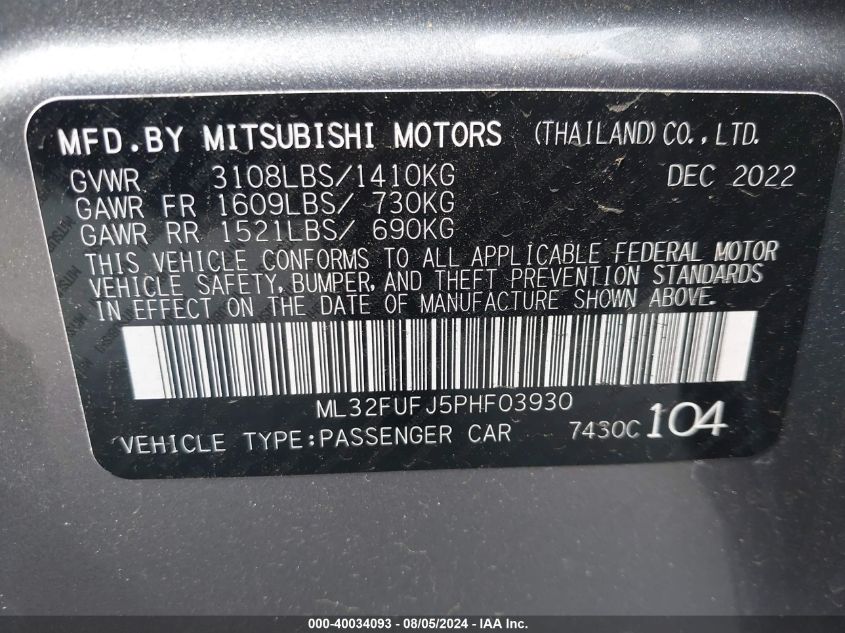 2023 Mitsubishi Mirage G4 Es VIN: ML32FUFJ5PHF03930 Lot: 40034093