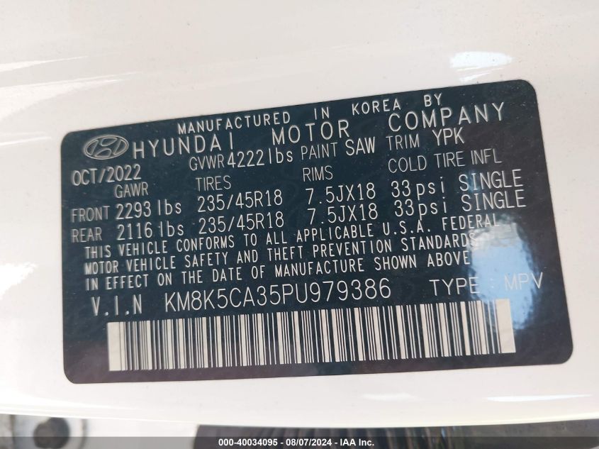 2023 Hyundai Kona Limited VIN: KM8K5CA35PU979386 Lot: 40034095