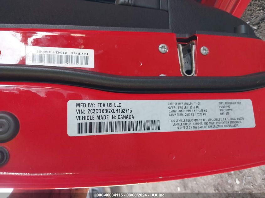 2020 Dodge Charger Sxt Rwd VIN: 2C3CDXBGXLH192715 Lot: 40034115