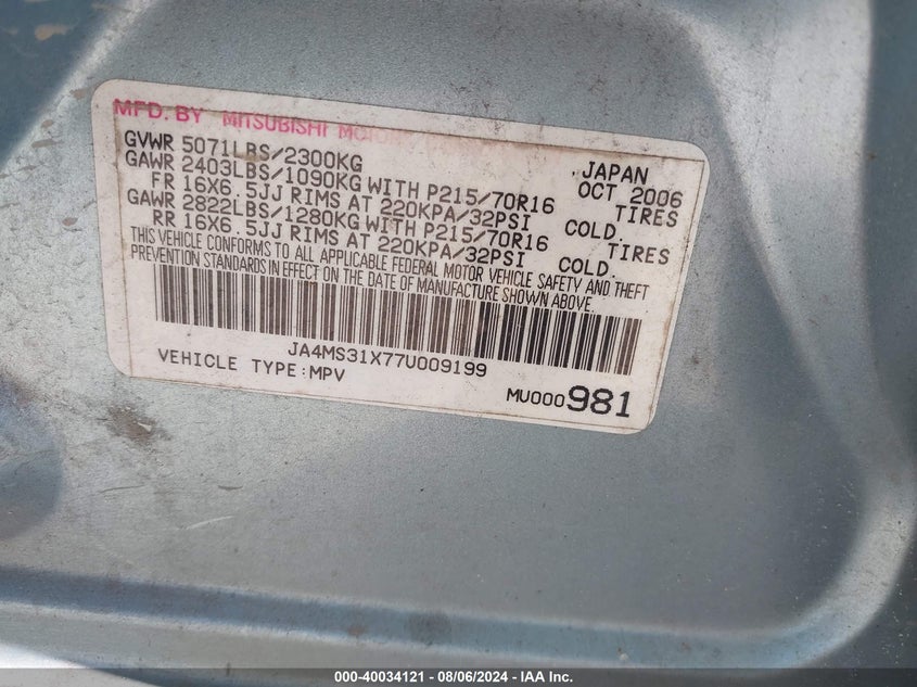 2007 Mitsubishi Outlander Es/Ls VIN: JA4MS31X77U009199 Lot: 40034121