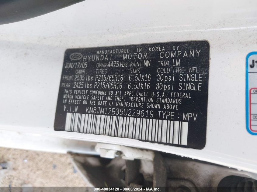 2005 Hyundai Tucson Gl VIN: KM8JM12B35U229619 Lot: 40034120