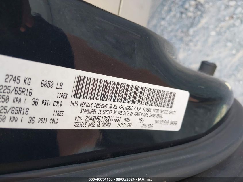 2010 Dodge Grand Caravan Sxt VIN: 2D4RN5D17AR444687 Lot: 40034158