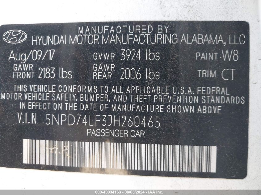 2018 Hyundai Elantra Se VIN: 5NPD74LF3JH260465 Lot: 40034163