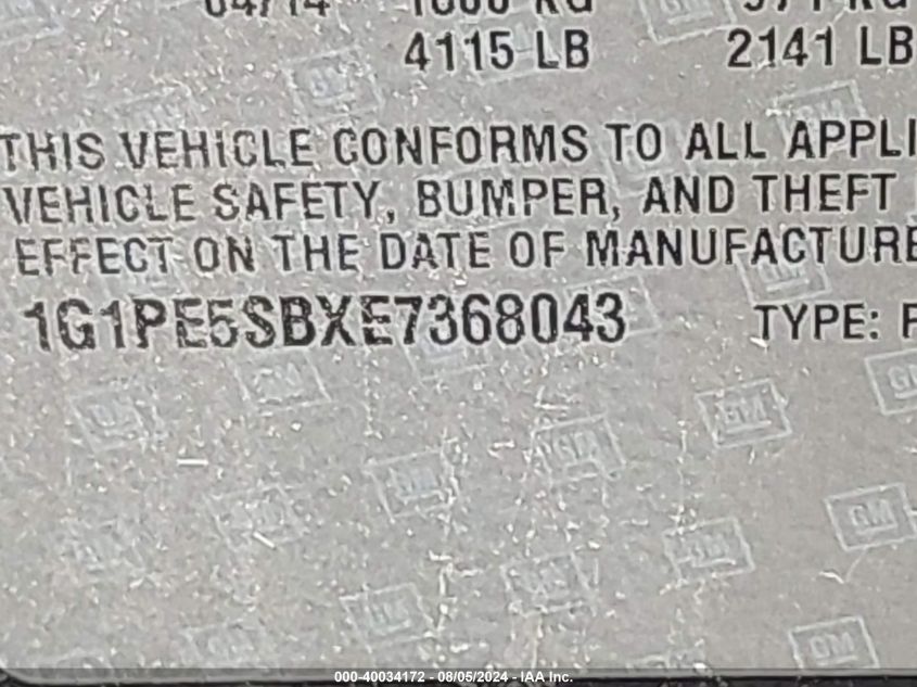 2014 Chevrolet Cruze Lt VIN: 1G1PE5SBXE7368043 Lot: 40034172