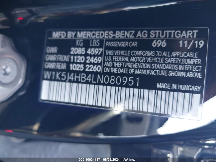 W1K5J4HB4LN080951 2020 Mercedes-Benz Cla 250 4Matic