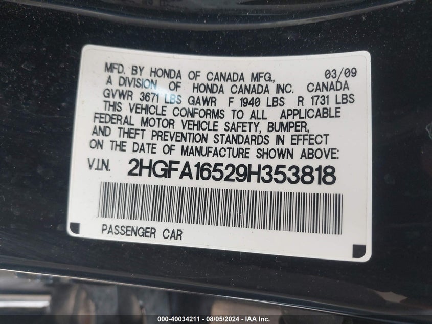 2009 Honda Civic Lx VIN: 2HGFA16529H353818 Lot: 40034211