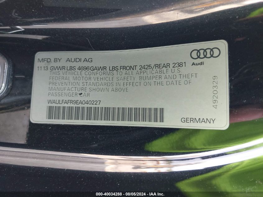 2014 Audi A5 2.0T Premium VIN: WAULFAFR9EA040227 Lot: 40034288