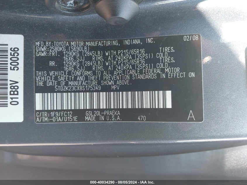 2008 Toyota Sienna Le VIN: 5TDZK23CX8S175349 Lot: 40034290