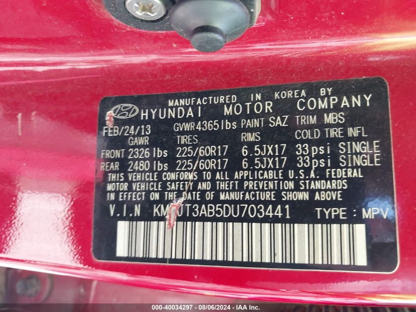 2013 Hyundai Tucson Gl VIN: KM8JT3AB5DU703441 Lot: 40034297